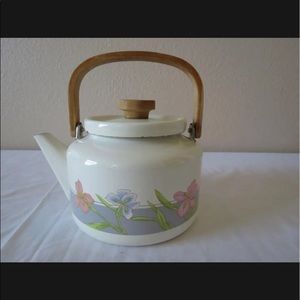 REFLECTIONS ENAMEL COOKWARE TEA KETTLES BEIGE WITH GRAY, AND BLUE & PINK FLOWERS